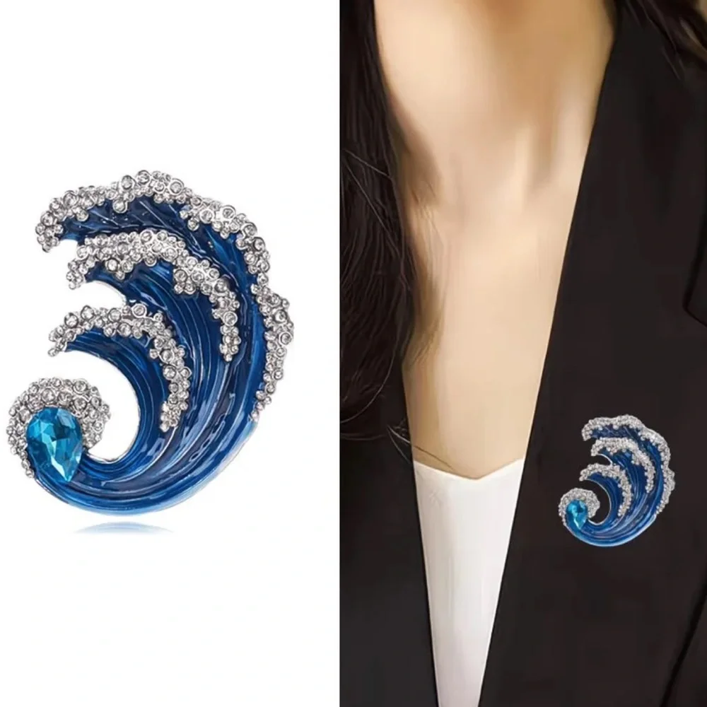 Ocean Wave Crystal Brooch Blue Rhinestone Statement Pin Coastal Jewelry